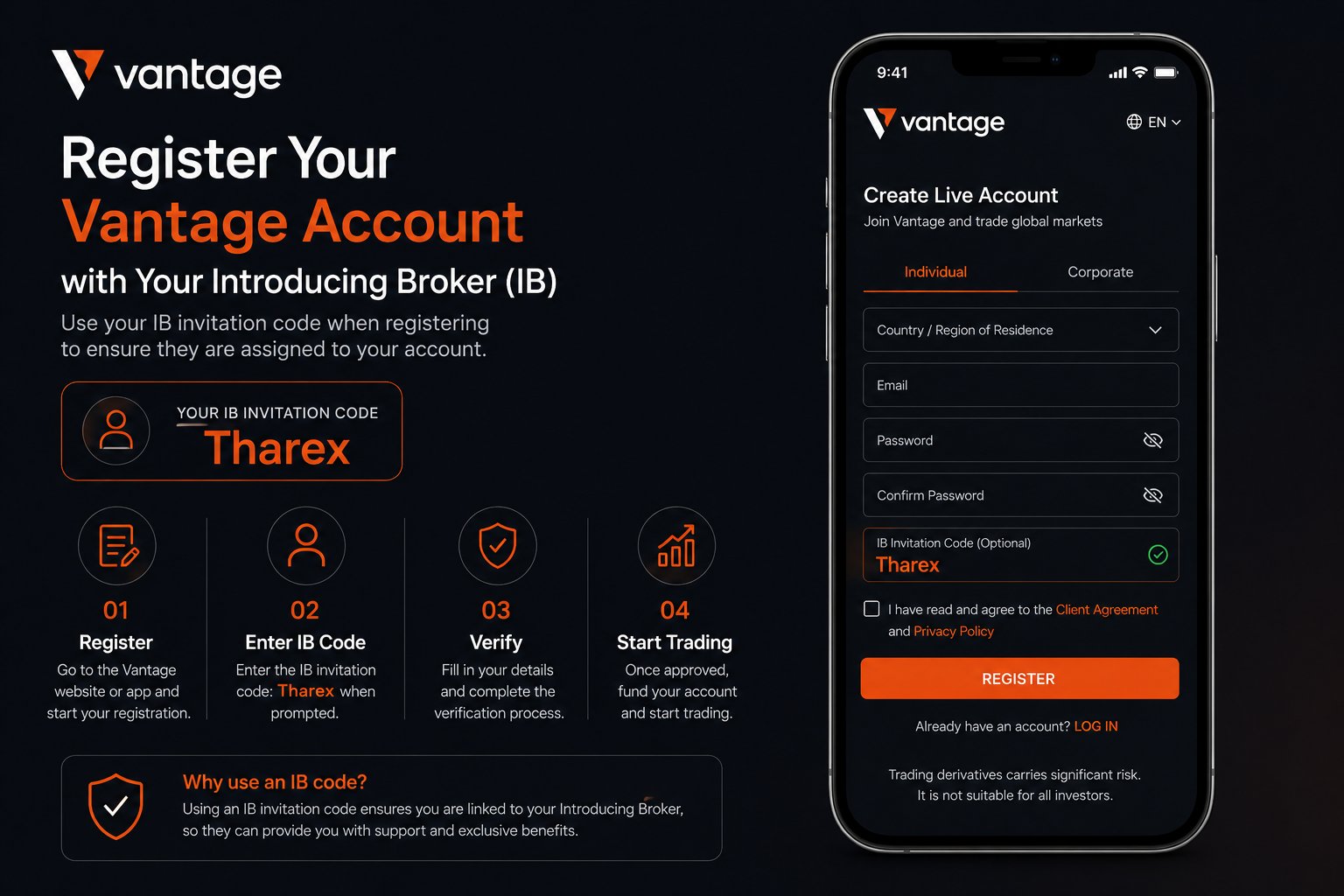 Vantage Markets · Register with IB Code Tharex